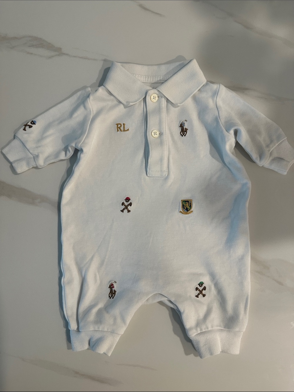 Ralph Lauren White Polo-Style Embroidered Baby One-Piece